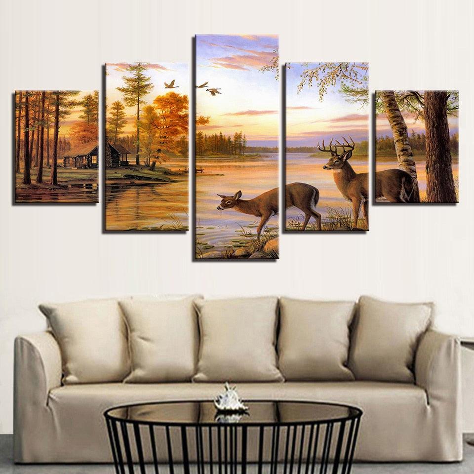 Forest Deers 5 Piece HD Multi Panel Canvas Wall Art Frame - Original Frame