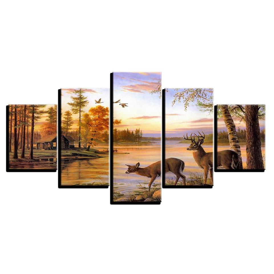 Forest Deers 5 Piece HD Multi Panel Canvas Wall Art Frame - Original Frame