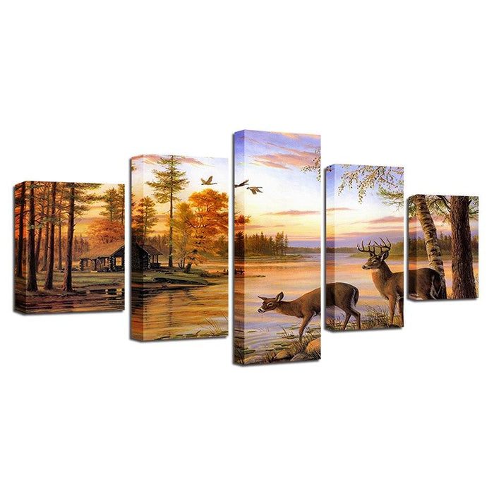 Forest Deers 5 Piece HD Multi Panel Canvas Wall Art Frame - Original Frame