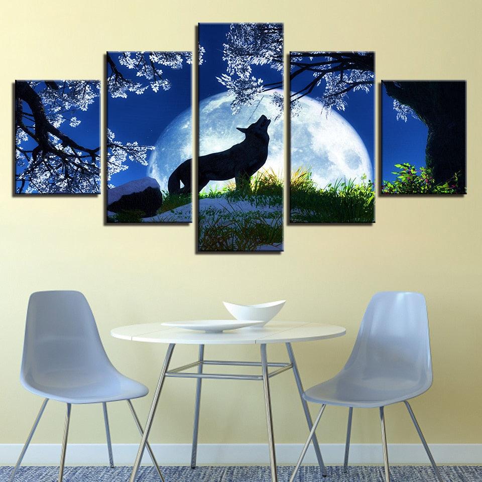 Midnight Wolf Howl 5 Piece HD Multi Panel Canvas Wall Art Frame - Original Frame