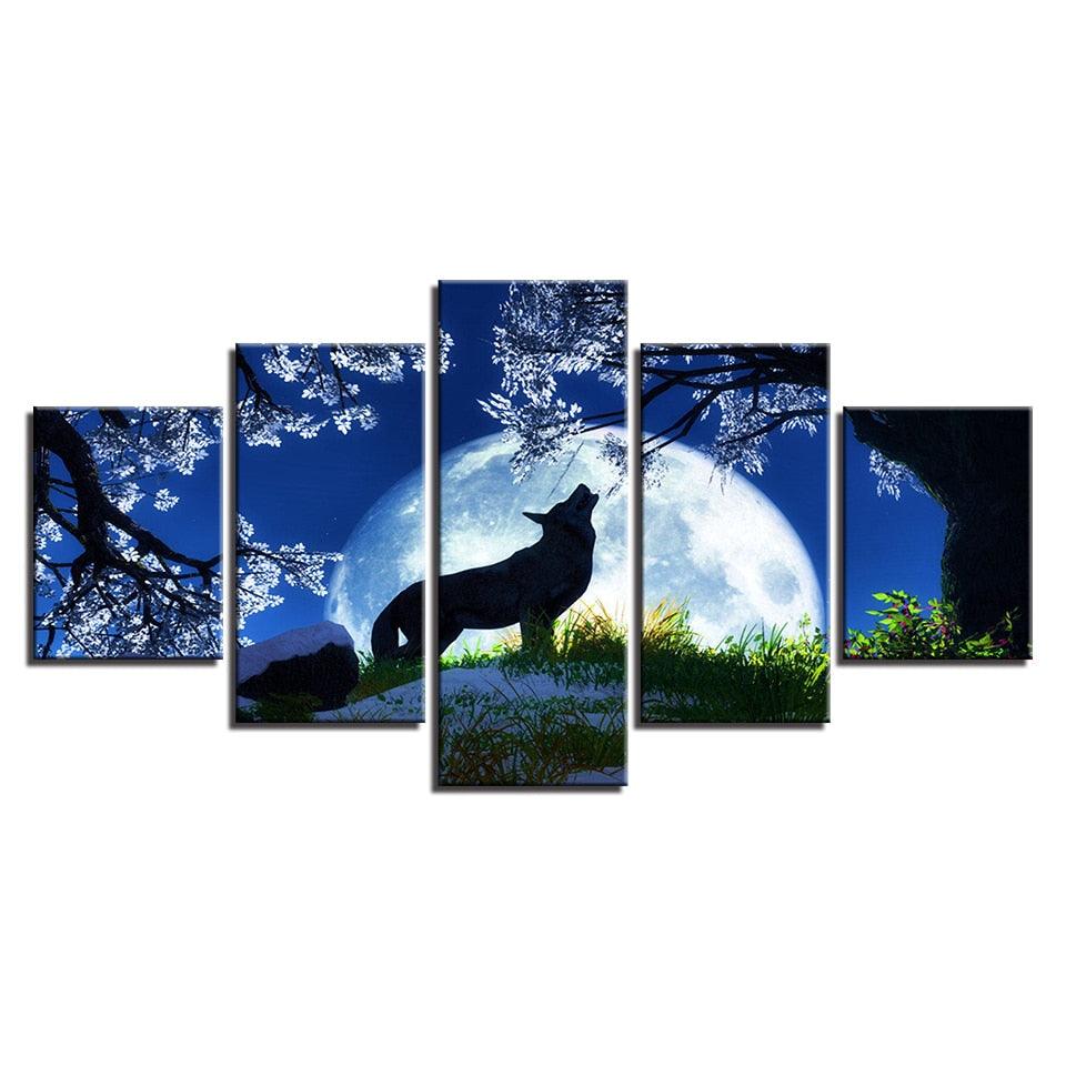 Midnight Wolf Howl 5 Piece HD Multi Panel Canvas Wall Art Frame - Original Frame