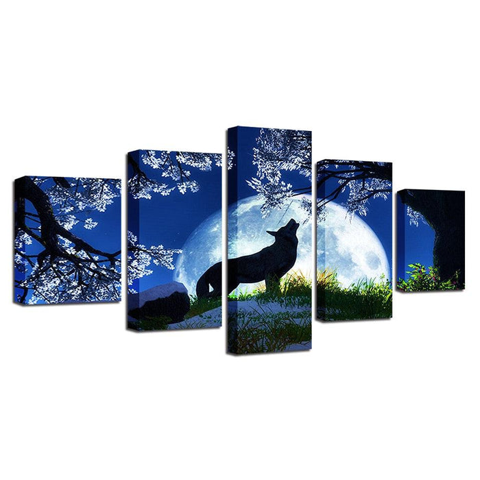 Midnight Wolf Howl 5 Piece HD Multi Panel Canvas Wall Art Frame - Original Frame