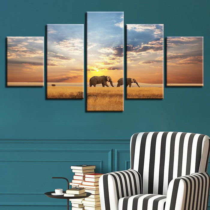 Elephants Walking In Sunset 5 Piece HD Multi Panel Canvas Wall Art Frame - Original Frame