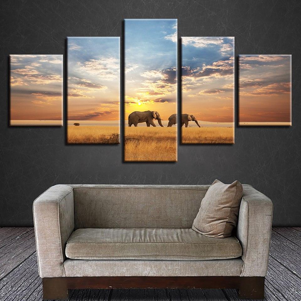 Elephants Walking In Sunset 5 Piece HD Multi Panel Canvas Wall Art Frame - Original Frame