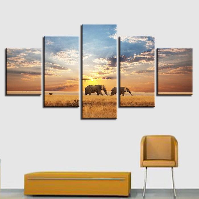 Elephants Walking In Sunset 5 Piece HD Multi Panel Canvas Wall Art Frame - Original Frame