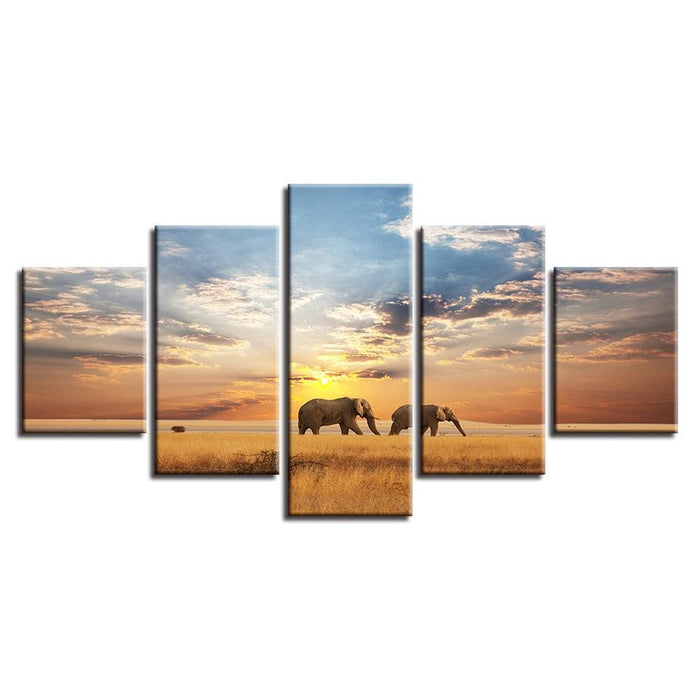 Elephants Walking In Sunset 5 Piece HD Multi Panel Canvas Wall Art Frame - Original Frame