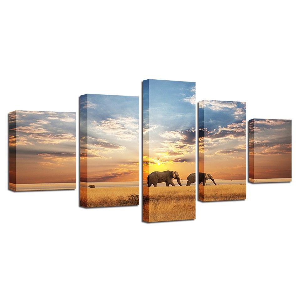 Elephants Walking In Sunset 5 Piece HD Multi Panel Canvas Wall Art Frame - Original Frame