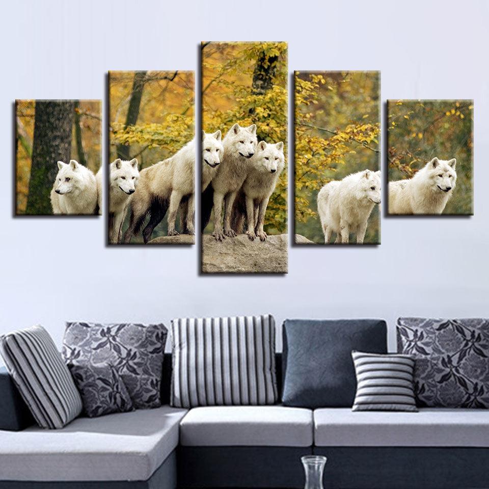 White Wolves Pack 5 Piece HD Multi Panel Canvas Wall Art Frame - Original Frame