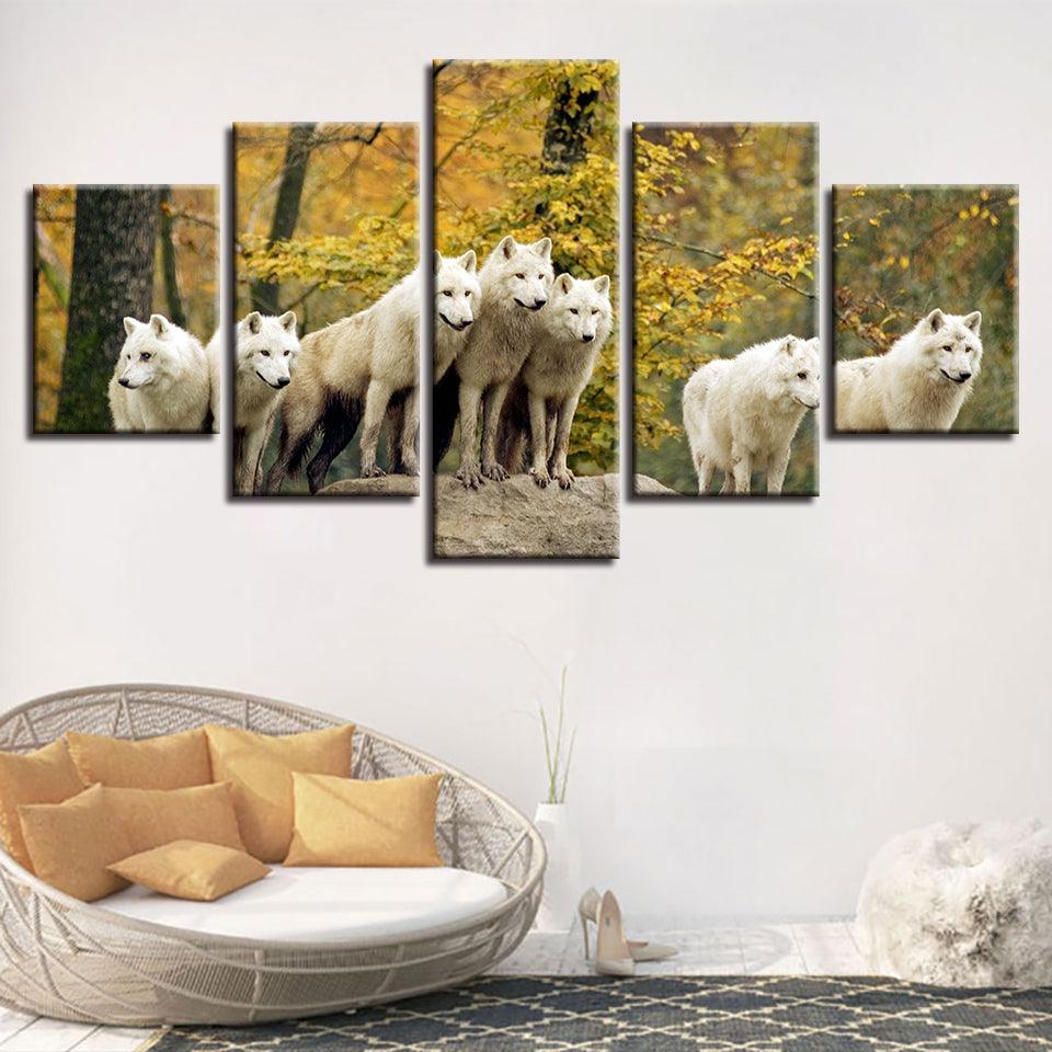 White Wolves Pack 5 Piece HD Multi Panel Canvas Wall Art Frame - Original Frame