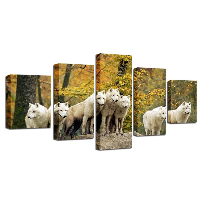 White Wolves Pack 5 Piece HD Multi Panel Canvas Wall Art Frame