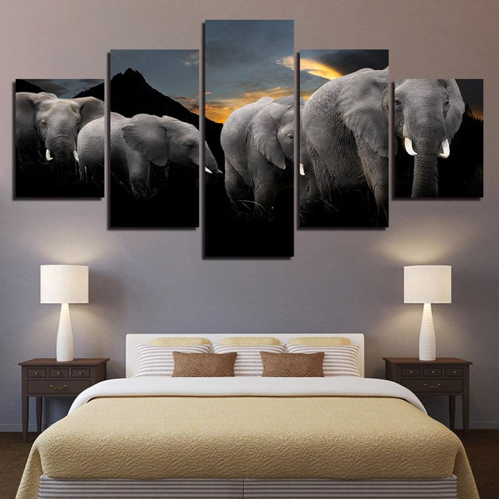 Elephant Family 5 Piece HD Multi Panel Canvas Wall Art Frame - Original Frame