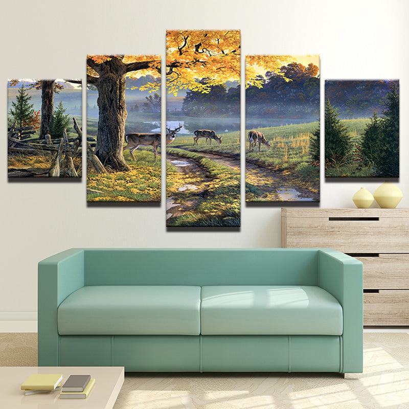 Deer In Forest Natural 5 Piece HD Multi Panel Canvas Wall Art Frame - Original Frame