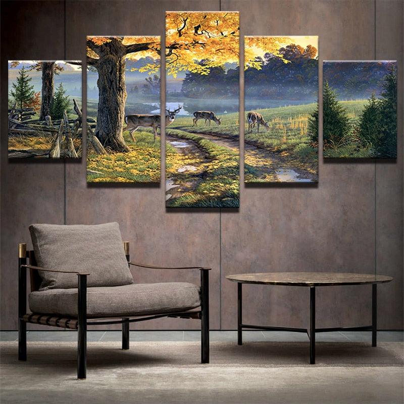 Deer In Forest Natural 5 Piece HD Multi Panel Canvas Wall Art Frame - Original Frame