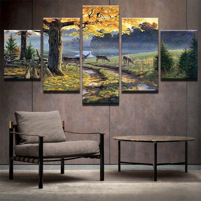 Deer In Forest Natural 5 Piece HD Multi Panel Canvas Wall Art Frame - Original Frame