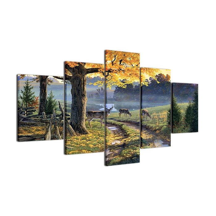 Deer In Forest Natural 5 Piece HD Multi Panel Canvas Wall Art Frame - Original Frame