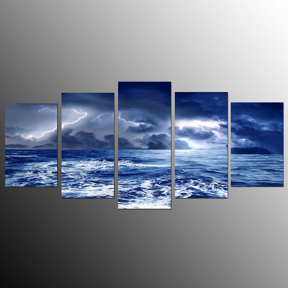 Seaside Lightning 5 Piece HD Multi Panel Canvas Wall Art Frame - Original Frame