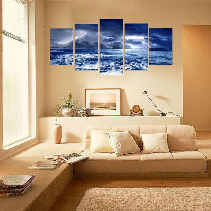 Seaside Lightning 5 Piece HD Multi Panel Canvas Wall Art Frame - Original Frame