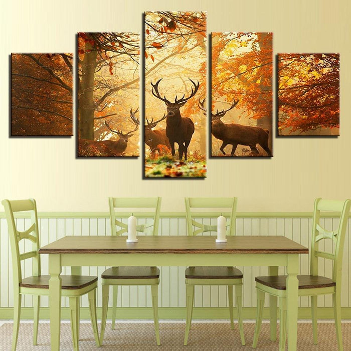 Autumn Forest Deers 5 Piece HD Multi Panel Canvas Wall Art Frame