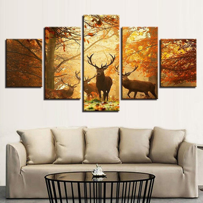 Autumn Forest Deers 5 Piece HD Multi Panel Canvas Wall Art Frame