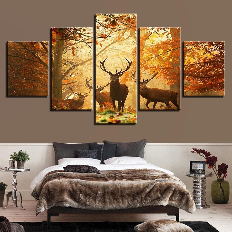 Autumn Forest Deers 5 Piece HD Multi Panel Canvas Wall Art Frame ...
