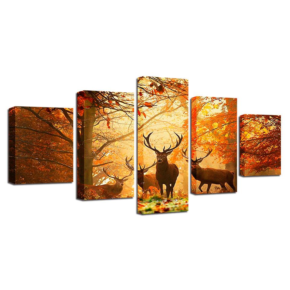 Autumn Forest Deers 5 Piece HD Multi Panel Canvas Wall Art Frame - Original Frame