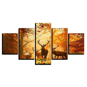 Autumn Forest Deers 5 Piece HD Multi Panel Canvas Wall Art Frame ...