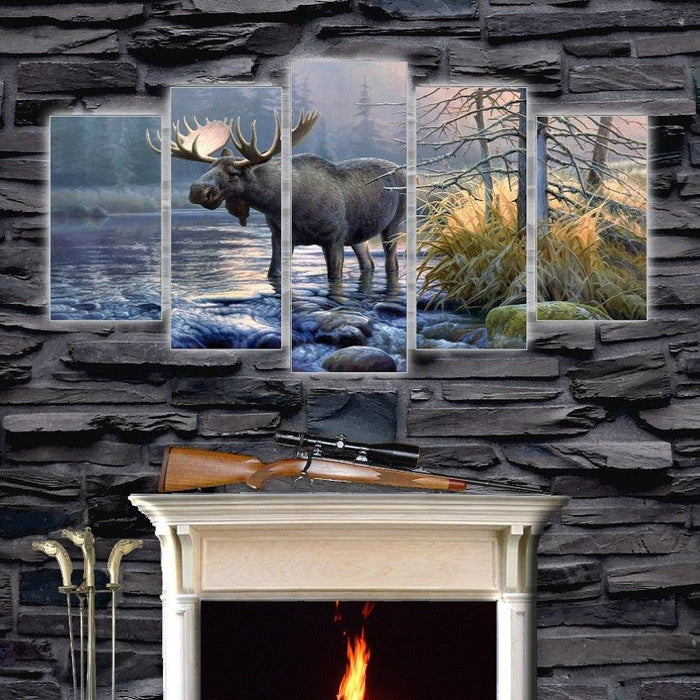 Elk by the Lake 5 Piece HD Multi Panel Canvas Wall Art Frame