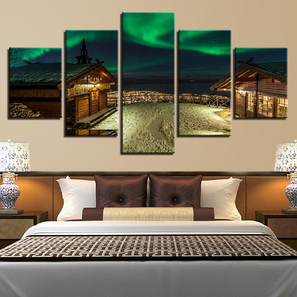 Colorful Aurora Borealis House 5 Piece HD Multi Panel Canvas Wall Art Frame - Original Frame