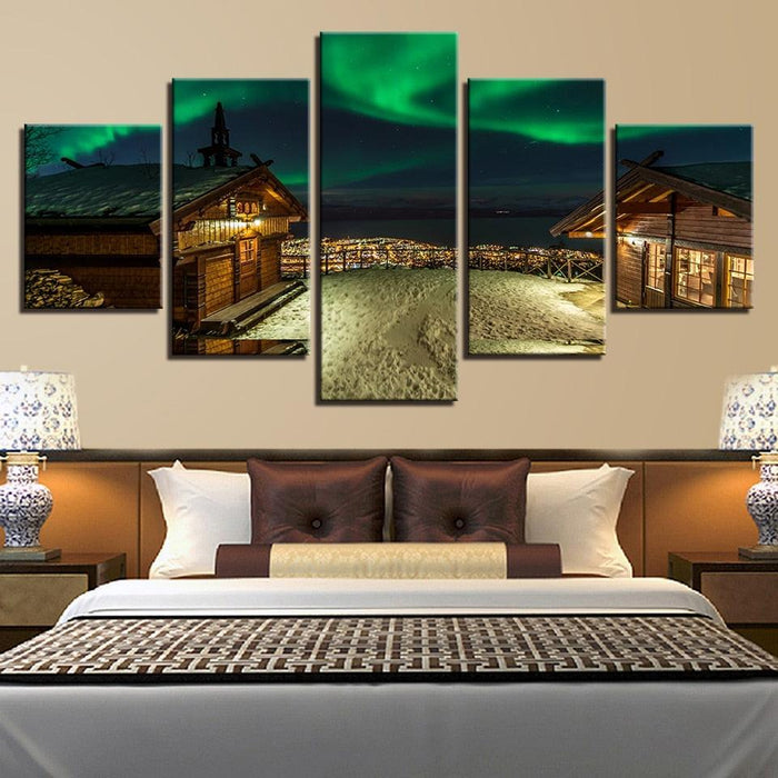Colorful Aurora Borealis House 5 Piece HD Multi Panel Canvas Wall Art Frame