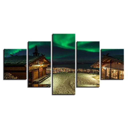 Colorful Aurora Borealis House 5 Piece HD Multi Panel Canvas Wall Art Frame - Original Frame