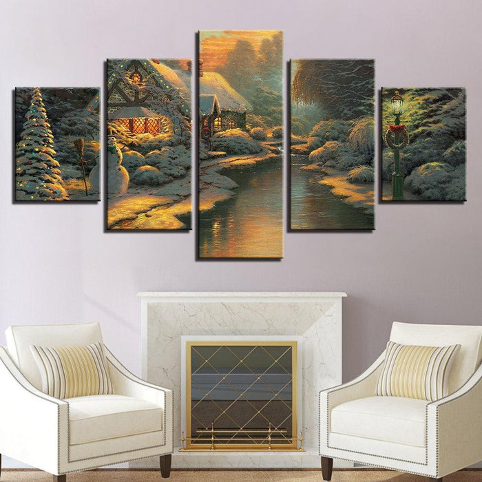 River Log Cabin 5 Piece HD Multi Panel Canvas Wall Art Frame - Original Frame