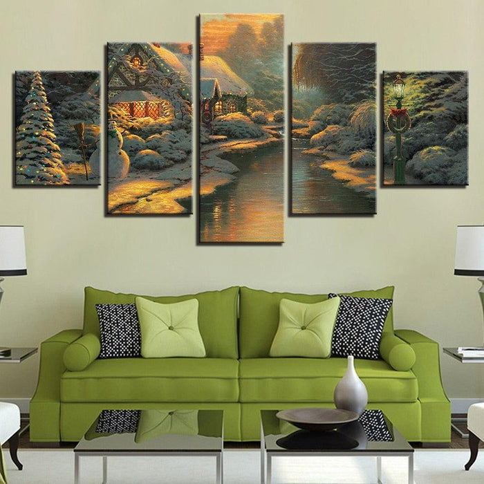 River Log Cabin 5 Piece HD Multi Panel Canvas Wall Art Frame - Original Frame