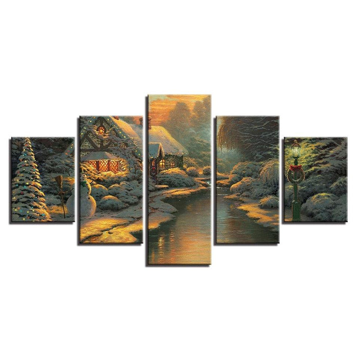 Cabin At the Bank 5 Piece HD Multi Panel Canvas Wall Art Frame