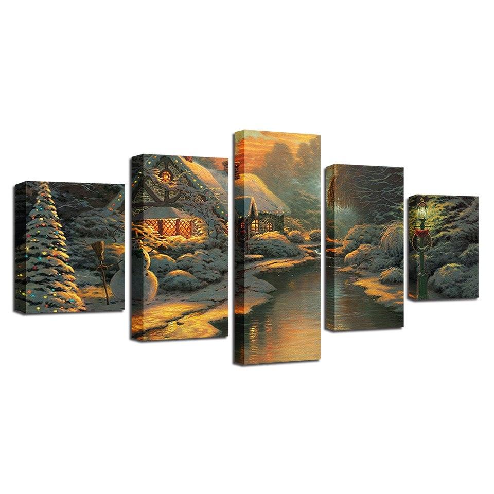 River Log Cabin 5 Piece HD Multi Panel Canvas Wall Art Frame - Original Frame