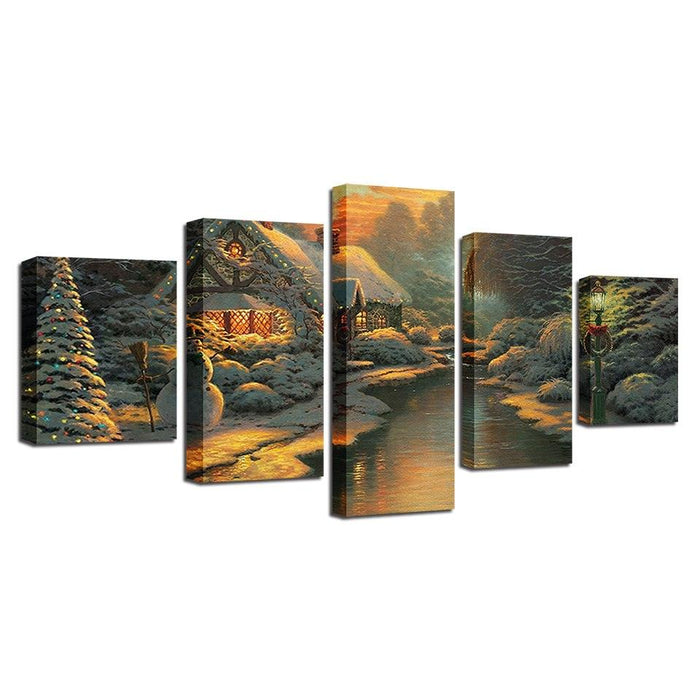 River Log Cabin 5 Piece HD Multi Panel Canvas Wall Art Frame