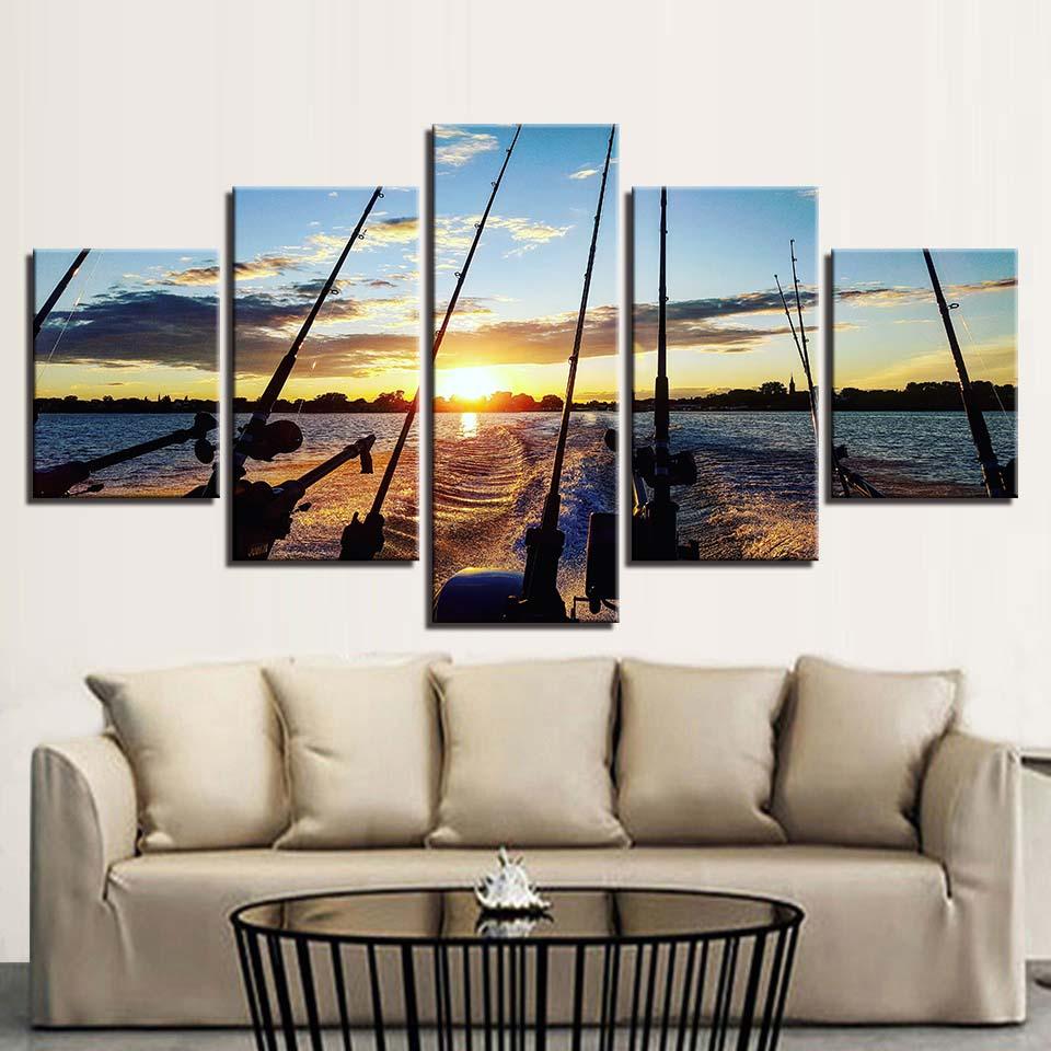 Fishing Rod At Sea 5 Piece HD Multi Panel Canvas Wall Art Frame - Original Frame