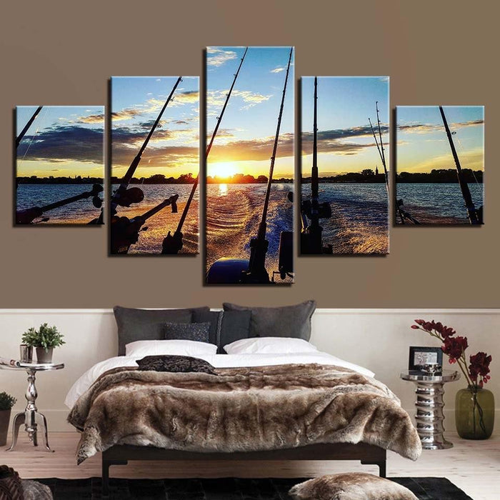 Fishing Rod At Sea 5 Piece HD Multi Panel Canvas Wall Art Frame - Original Frame