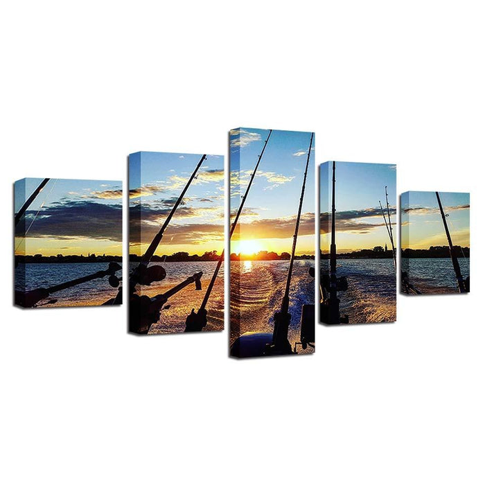 Fishing Rod At Sea 5 Piece HD Multi Panel Canvas Wall Art Frame - Original Frame