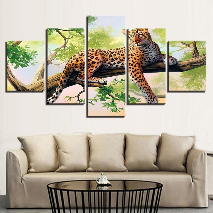 Tree Leopard 5 Piece HD Multi Panel Canvas Wall Art Frame