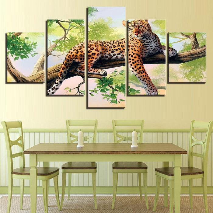 Tree Leopard 5 Piece HD Multi Panel Canvas Wall Art Frame - Original Frame