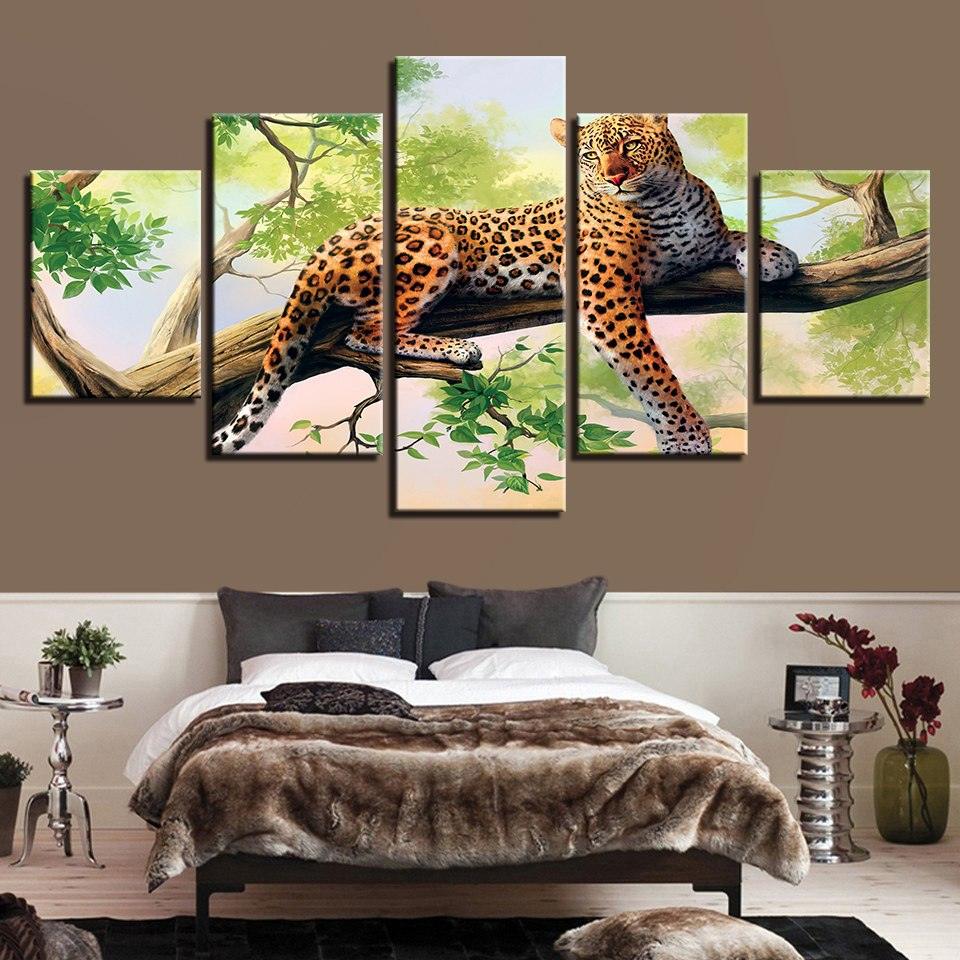 Tree Leopard 5 Piece HD Multi Panel Canvas Wall Art Frame - Original Frame