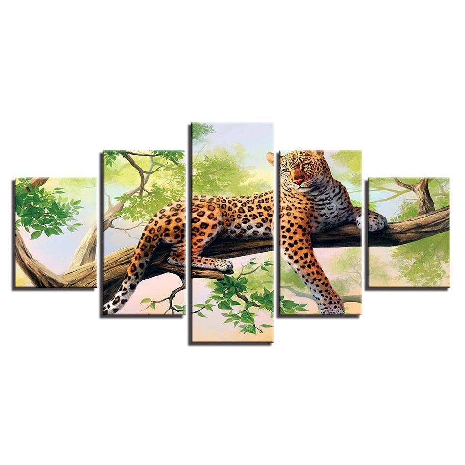Tree Leopard 5 Piece HD Multi Panel Canvas Wall Art Frame - Original Frame