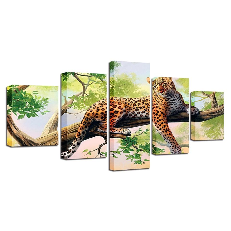 Tree Leopard 5 Piece HD Multi Panel Canvas Wall Art Frame - Original Frame