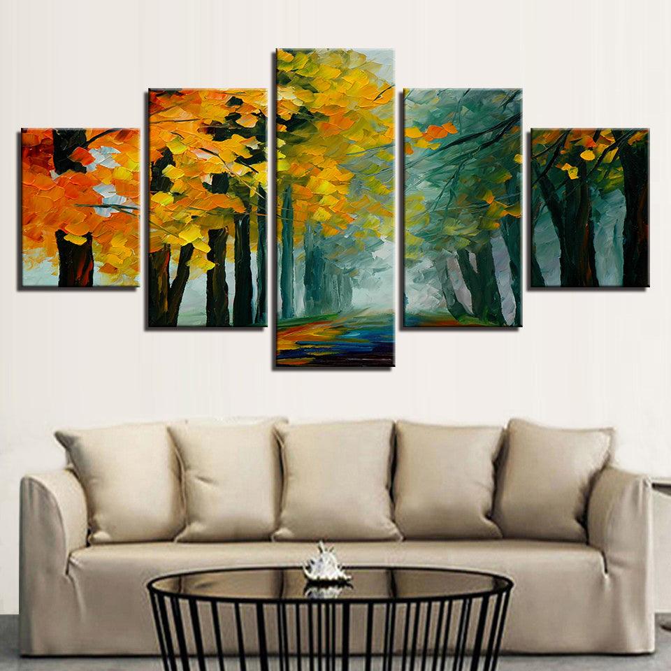 Yellow Leaves Trees Forest 5 Piece HD Multi Panel Canvas Wall Art Frame - Original Frame