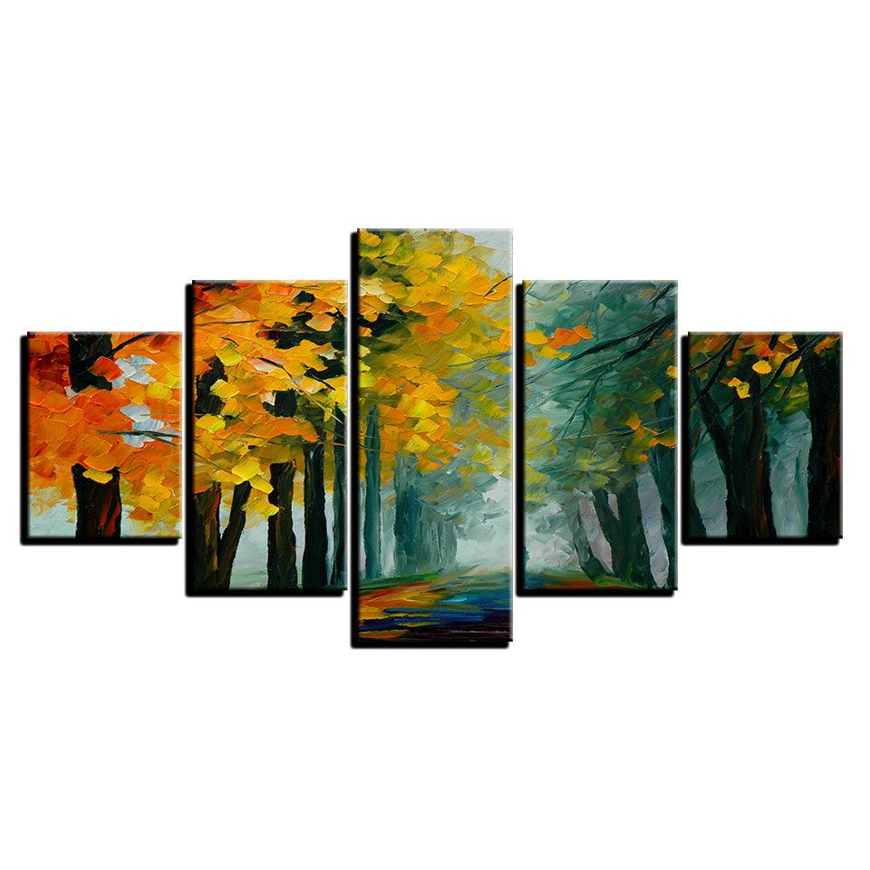 Yellow Leaves Trees Forest 5 Piece HD Multi Panel Canvas Wall Art Frame - Original Frame