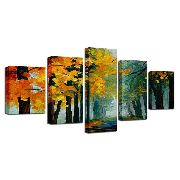 Yellow Leaves Trees Forest 5 Piece HD Multi Panel Canvas Wall Art Frame