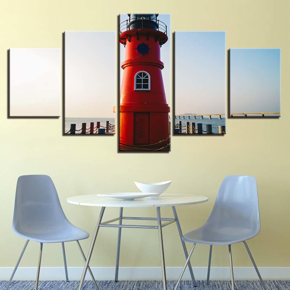 Red Lighthouse 5 Piece HD Multi Panel Canvas Wall Art Frame - Original Frame