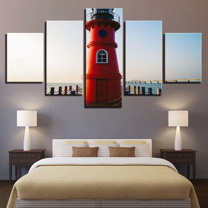 Red Lighthouse 5 Piece HD Multi Panel Canvas Wall Art Frame - Original Frame