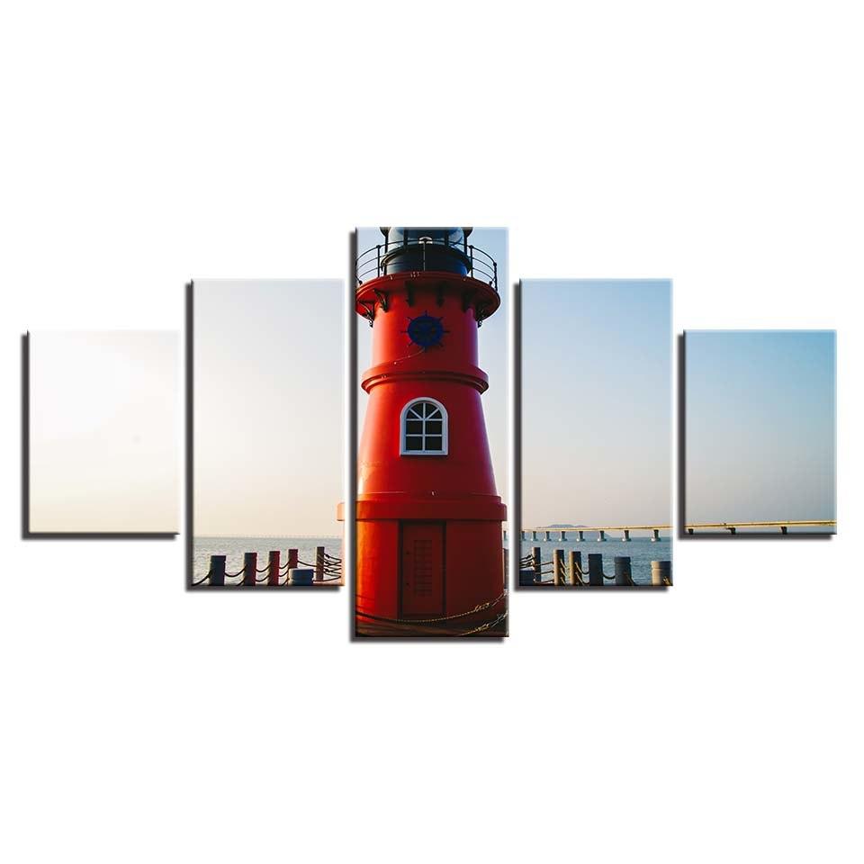 Red Lighthouse 5 Piece HD Multi Panel Canvas Wall Art Frame - Original Frame