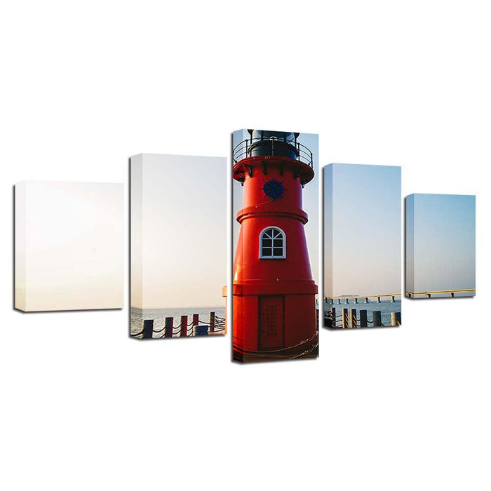 Red Lighthouse 5 Piece HD Multi Panel Canvas Wall Art Frame - Original Frame